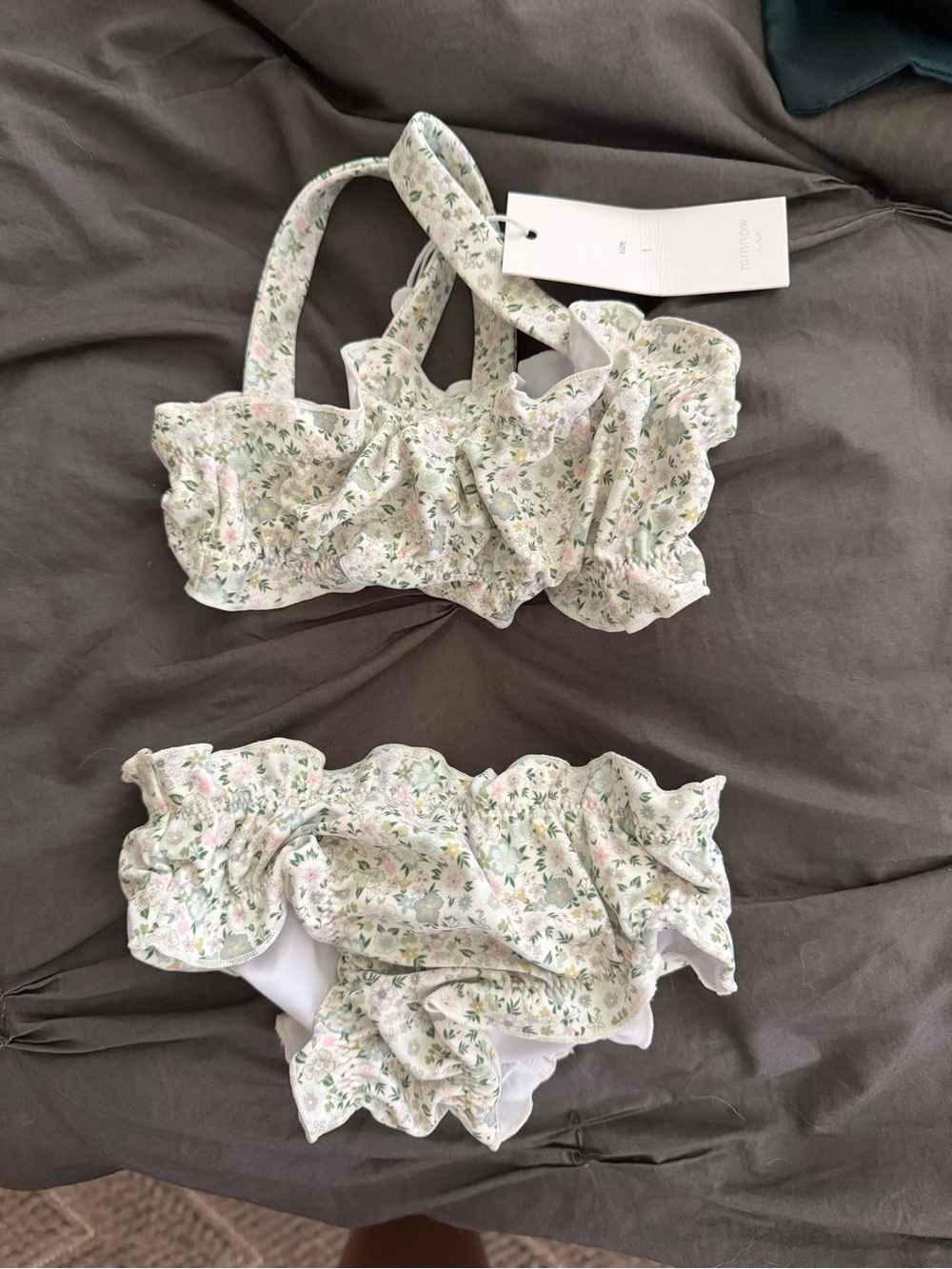 BRAND-NEW Girls Floral Ruffle Two-Piece Swim Set in Light Green